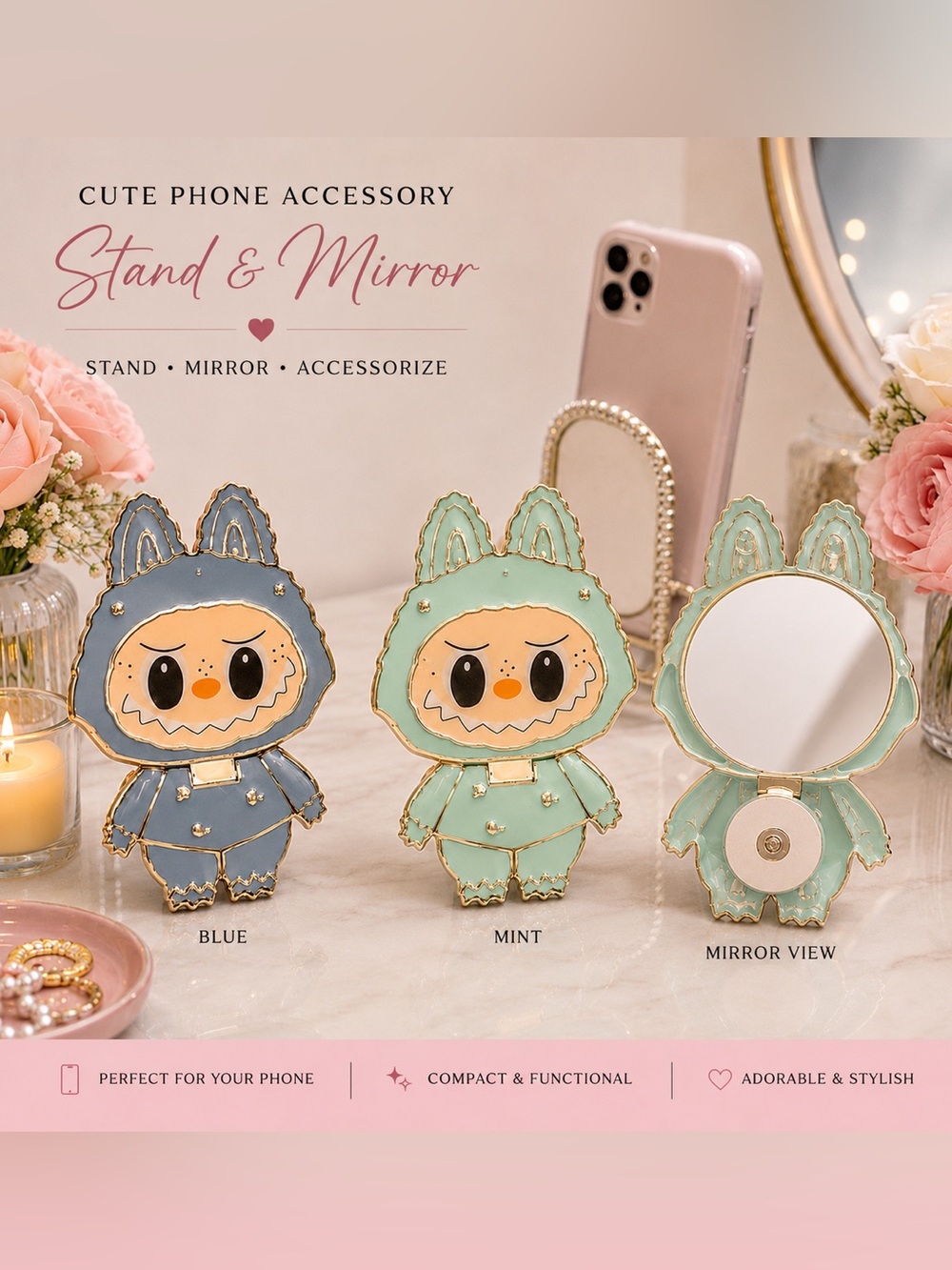 Cute Bunny Character Phone Stand & Mirror - DUSTY BLUE AVAILABLE ONLY.